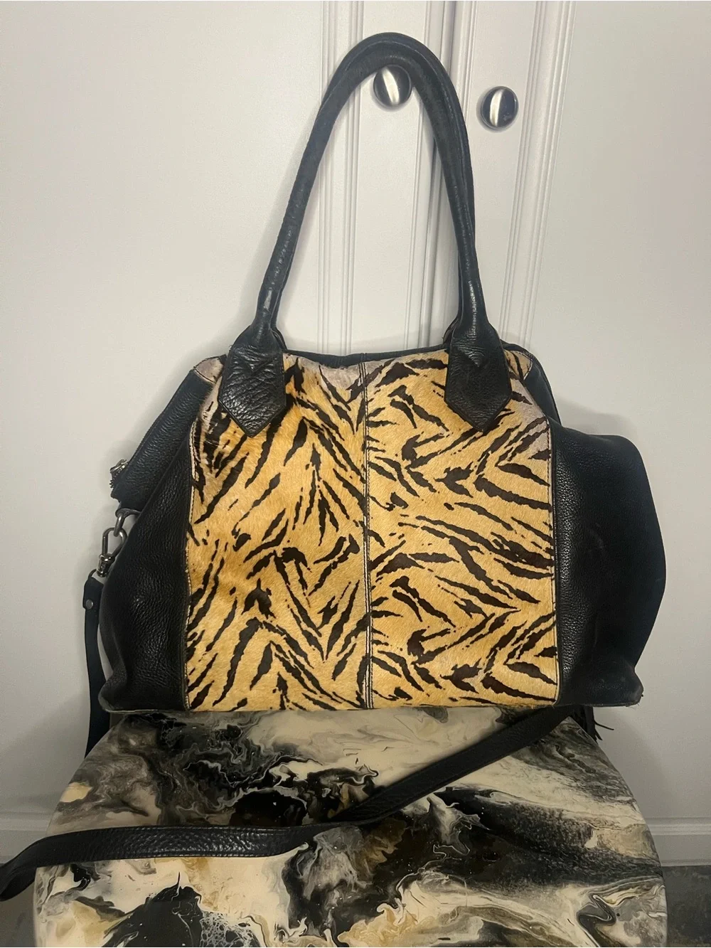 Y2K Shoestock Tiger Calf Hair Leather Satchel Fringe Bag
